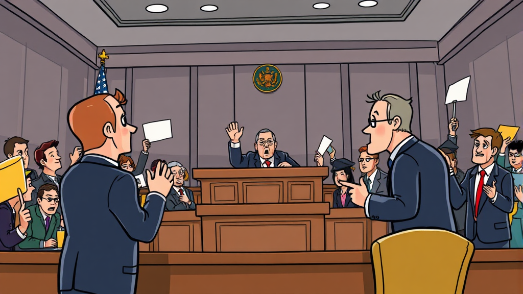법정 소란과 감치 명령 (cartoon 스타일)