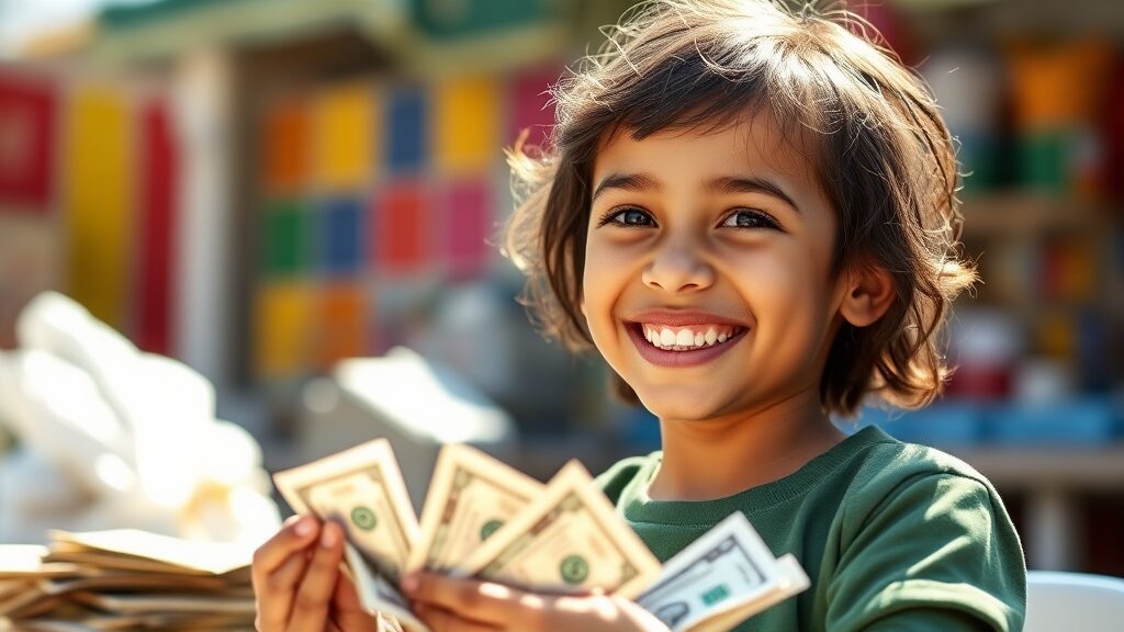 아동수당 지급 대상 및 금액 (realistic 스타일)