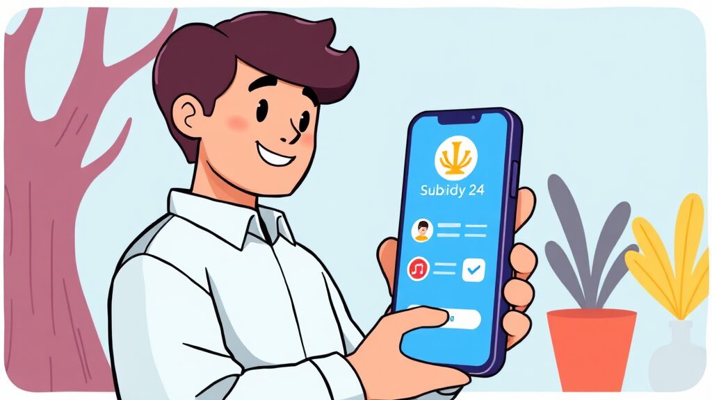 스마트폰으로 보조금24 활용하기: 앱 설치부터 맞춤 혜택 조회까지 (cartoon 스타일)