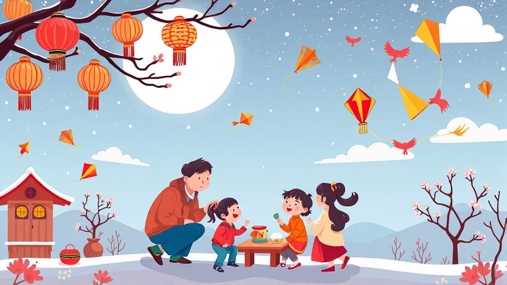 2026 설 연휴, 놓치면 후회할 전국 축제 총정리 2 가족과 함께 떠나는 설맞이 특별 나들이 (cartoon 스타일)