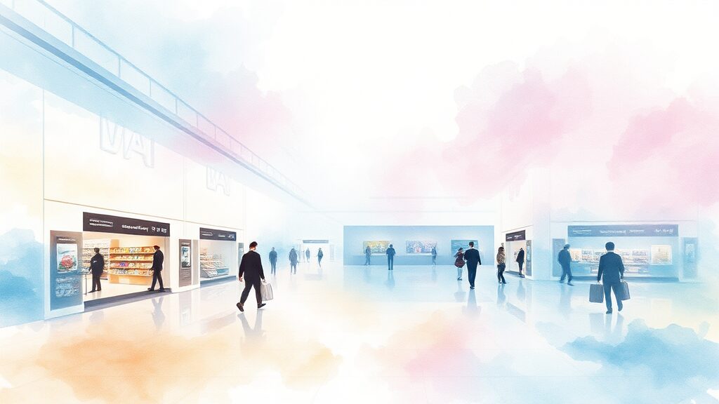 인천공항 면세점, 롯데·현대 재입성! 시장 판도 변화와 전망 6 임대료 인하, 변화하는 공항 면세점 생태계 (watercolor 스타일)